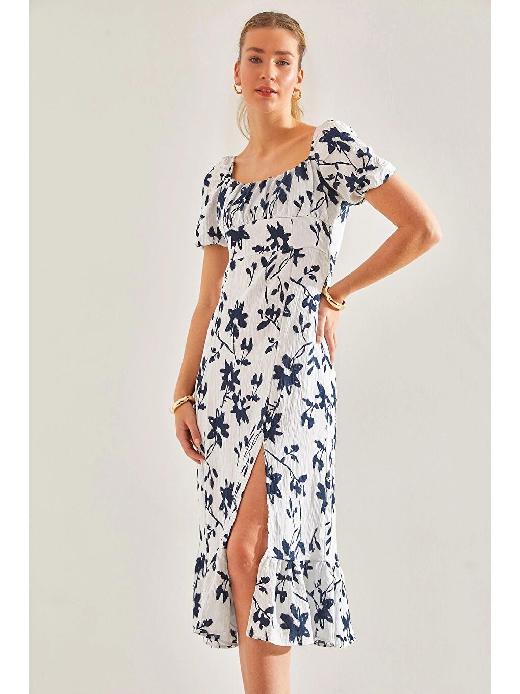 Ekru Kadın Çiçek Desenli Elbise 60181001-4