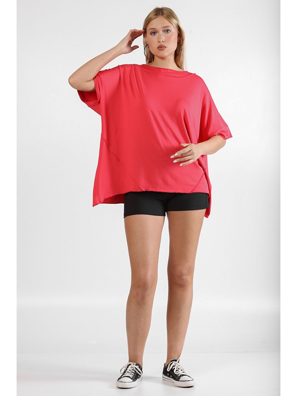 Yanık Turuncu Yuvarlak Yaka Kısa Kol Asimetrik Örme Tişört-6