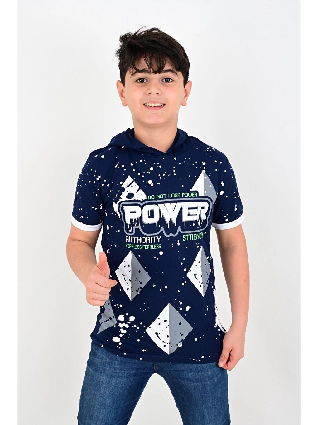 Lacivert Power Baskılı Kapüşonlu Tişört 6768