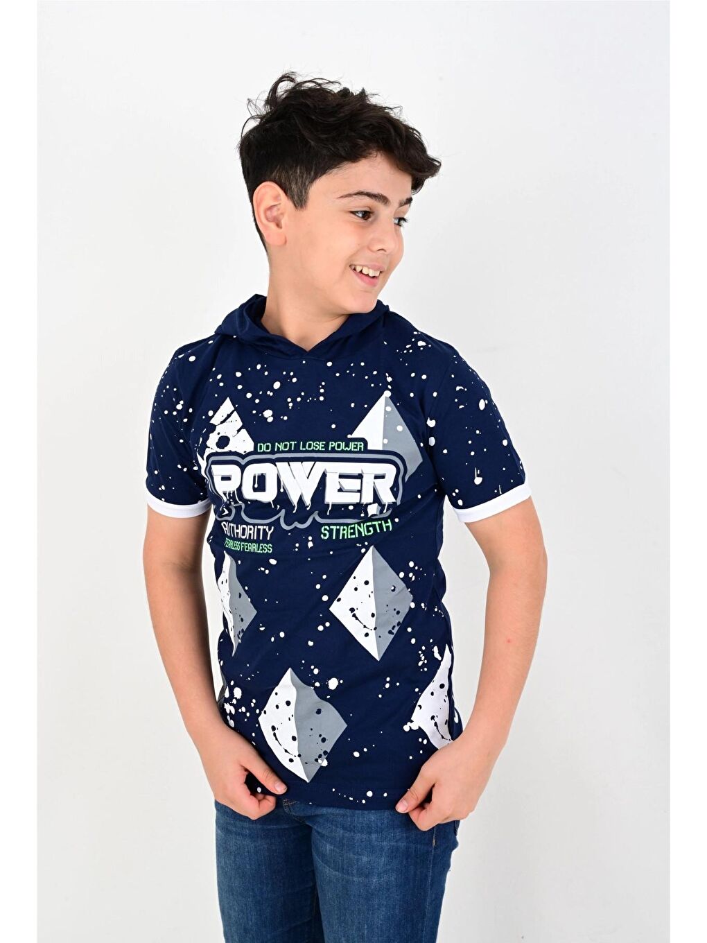 Lacivert Power Baskılı Kapüşonlu Tişört 6768-1