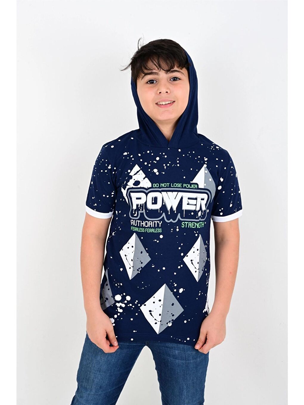 Lacivert Power Baskılı Kapüşonlu Tişört 6768-2