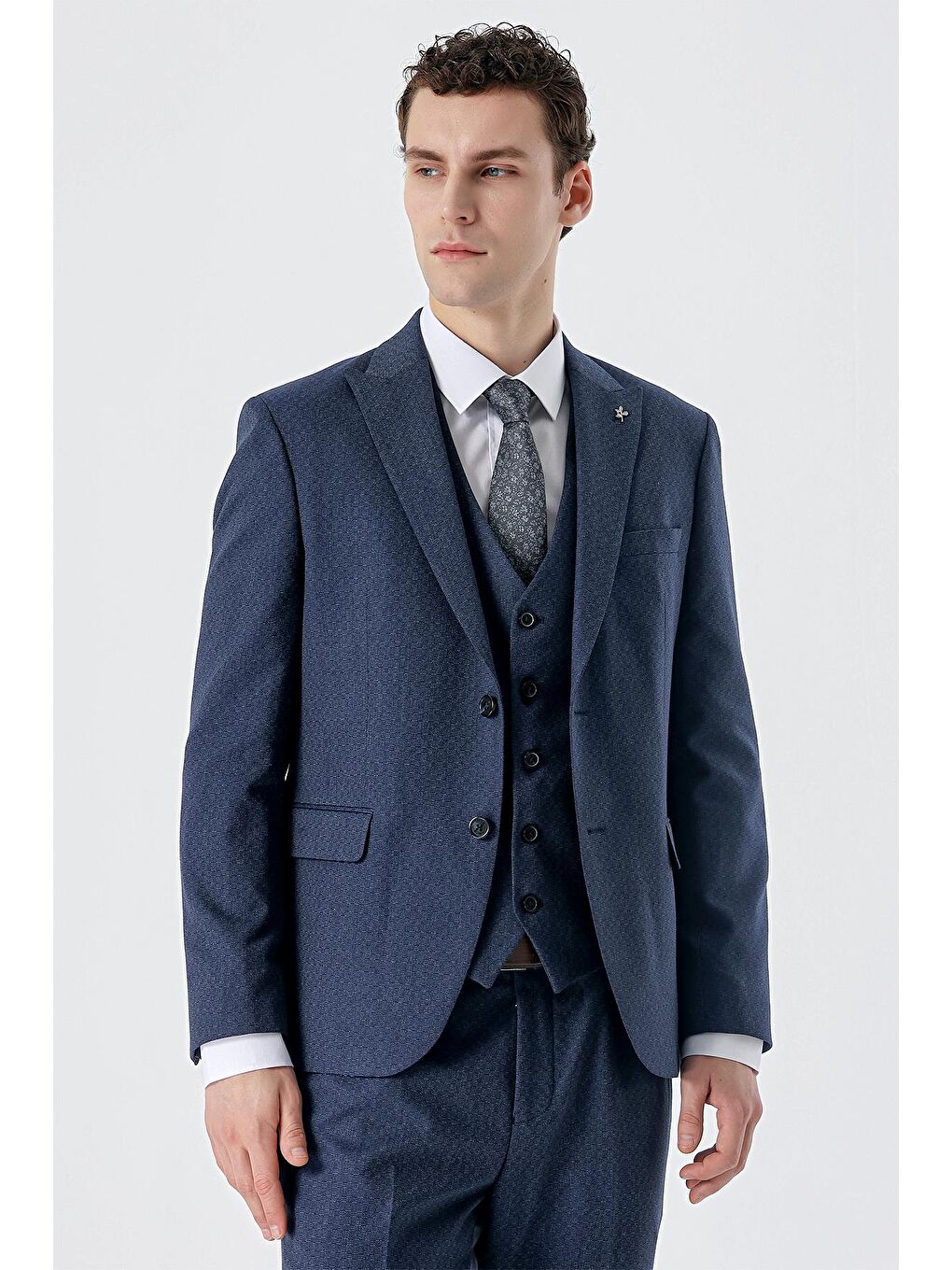 Koyu Lacivert Kırlangıç Yaka Yelekli 6 Drop Slim Fit Dar Kesim Klasik Takım Elbise 1001235168-1