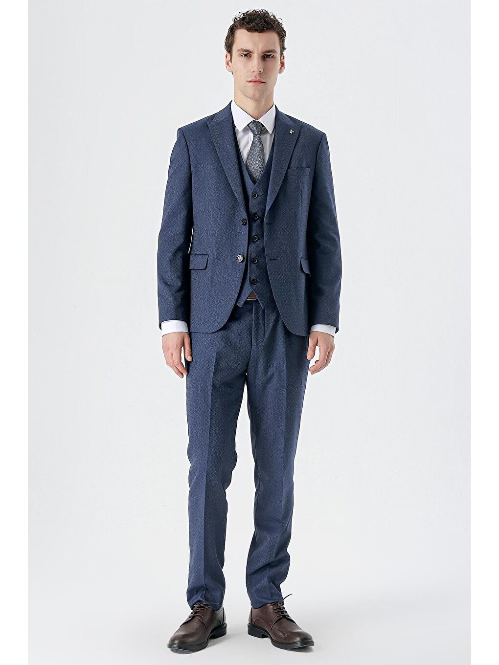 Koyu Lacivert Kırlangıç Yaka Yelekli 6 Drop Slim Fit Dar Kesim Klasik Takım Elbise 1001235168-3