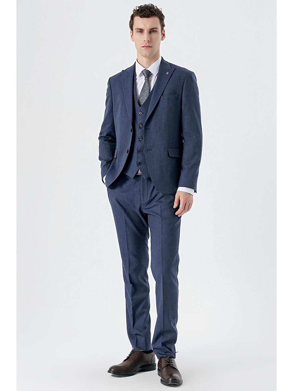 Koyu Lacivert Kırlangıç Yaka Yelekli 6 Drop Slim Fit Dar Kesim Klasik Takım Elbise 1001235168-4