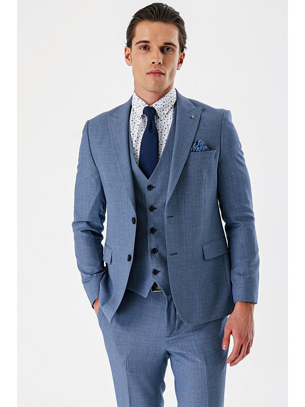 İndigo Mavi Desenli Kırlangıç Yaka Yelekli 6 Drop Slim Fit Dar Kesim Klasik Takım Elbise 1001240157