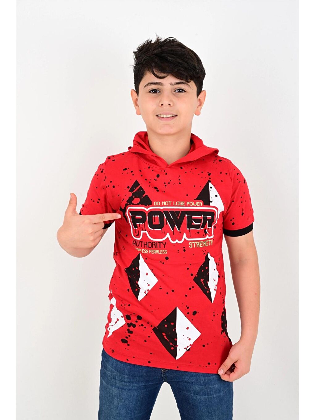 Kırmızı Power Baskılı Kapüşonlu Tişört 6768