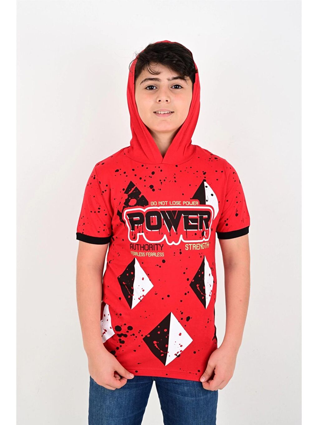 Kırmızı Power Baskılı Kapüşonlu Tişört 6768-2