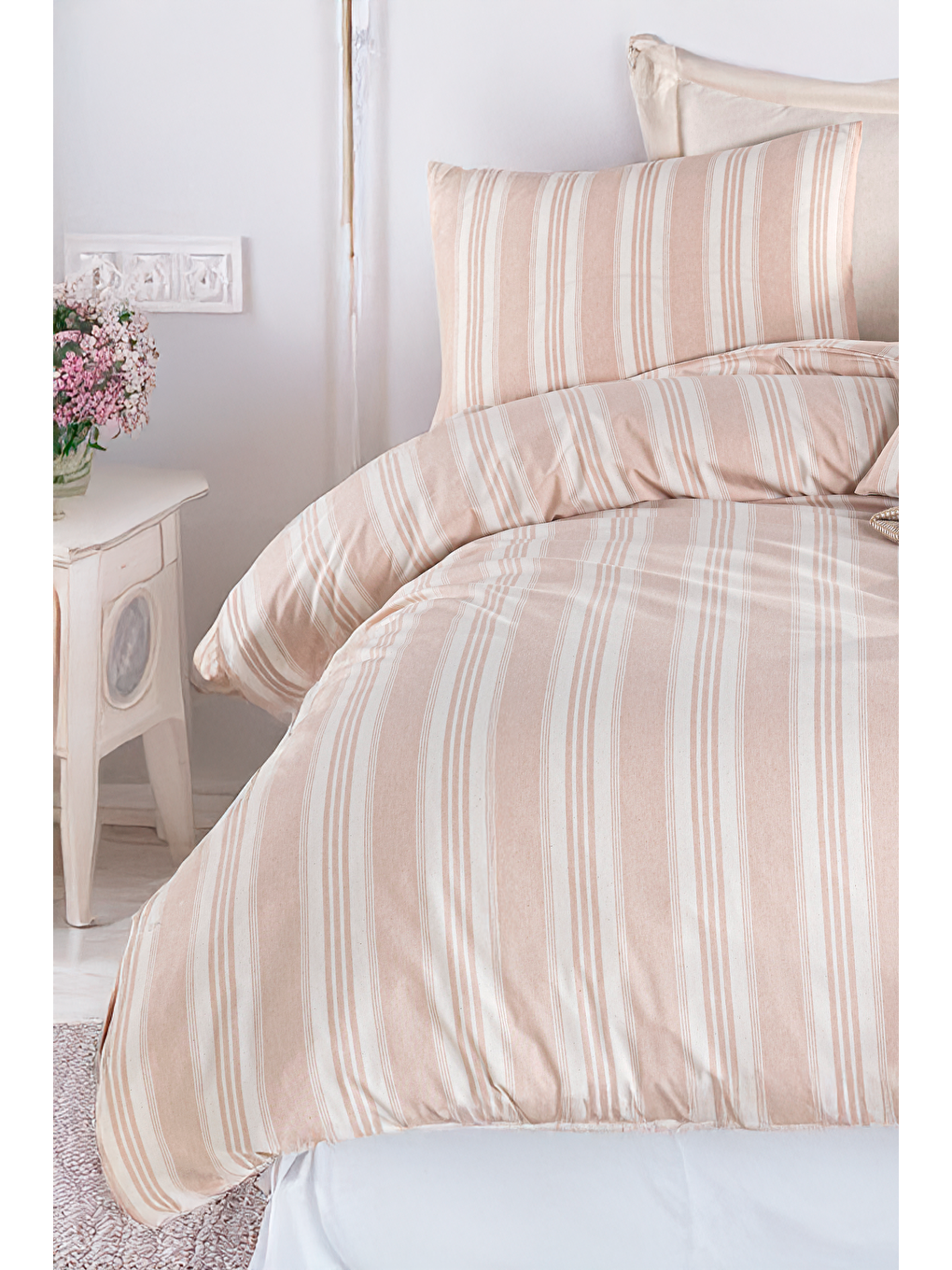 Sport Çizgili Nevresim Takımı Tek Kişilik Soft Line Bej