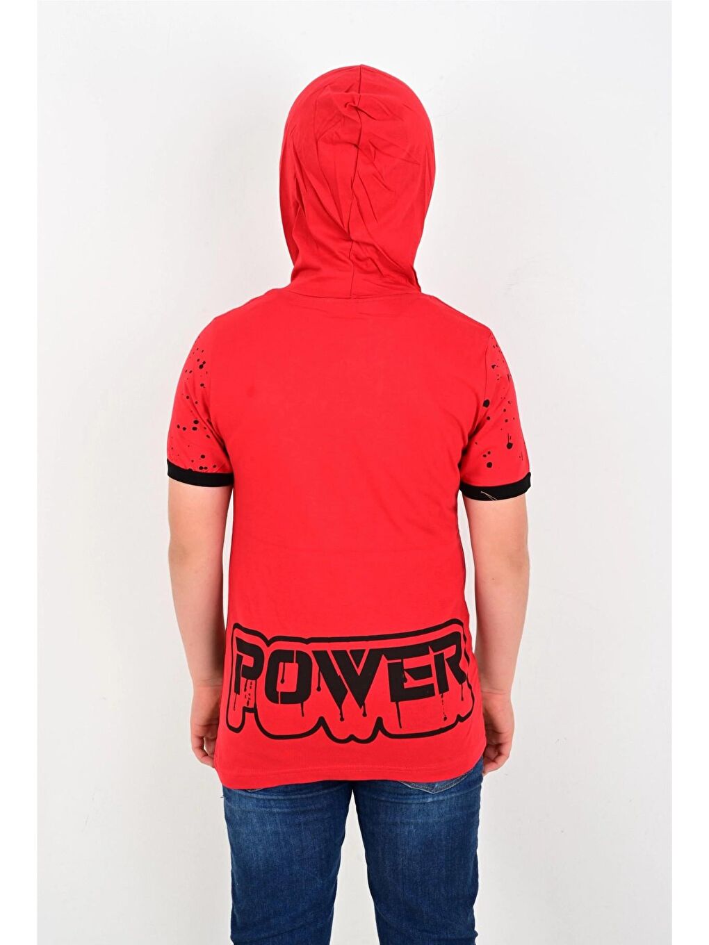 Kırmızı Power Baskılı Kapüşonlu Tişört 6768-4