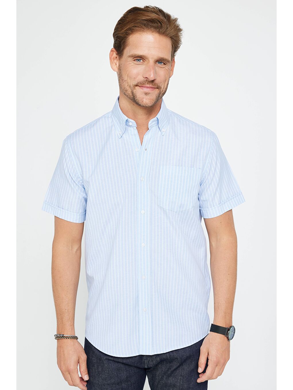 Erkek Regular Fit Klasik Kesim Pamuklu Tek Cepli Çizgili Mavi Düğmeli Yaka Gömlek-1