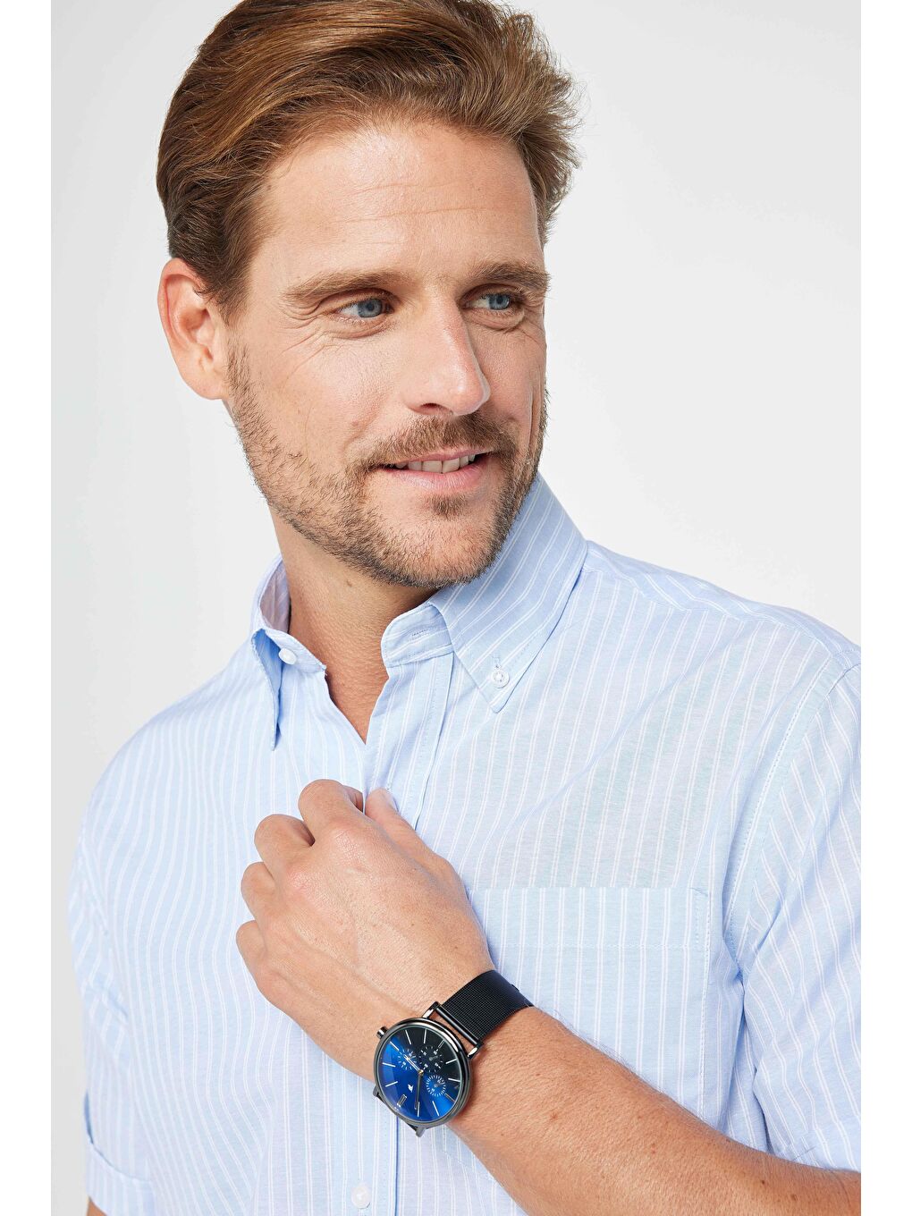 Erkek Regular Fit Klasik Kesim Pamuklu Tek Cepli Çizgili Mavi Düğmeli Yaka Gömlek-2