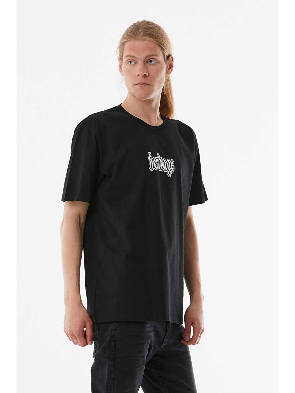 Siyah Baskılı Bisiklet Yaka Oversize Tişört