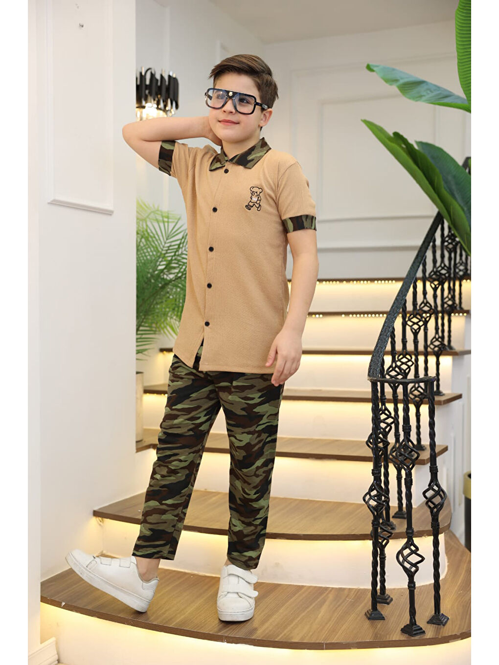 Kahverengi Erkek Çocuk 2'li Takım (Gömlek+Pantolon) 3-12 Yaş 12196-1