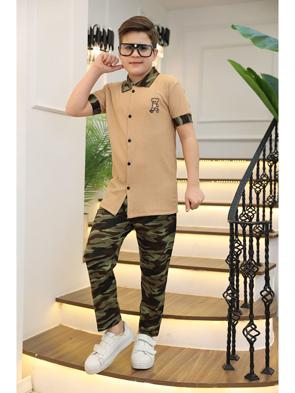 Kahverengi Erkek Çocuk 2'li Takım (Gömlek+Pantolon) 3-12 Yaş 12196-2