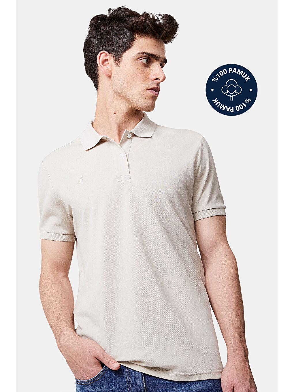 Bej Regular Fit Taş %100 Pamuklu Uzun Ömürlü Kıvrılmaz Polo Yaka Nakışlı Tişört-1