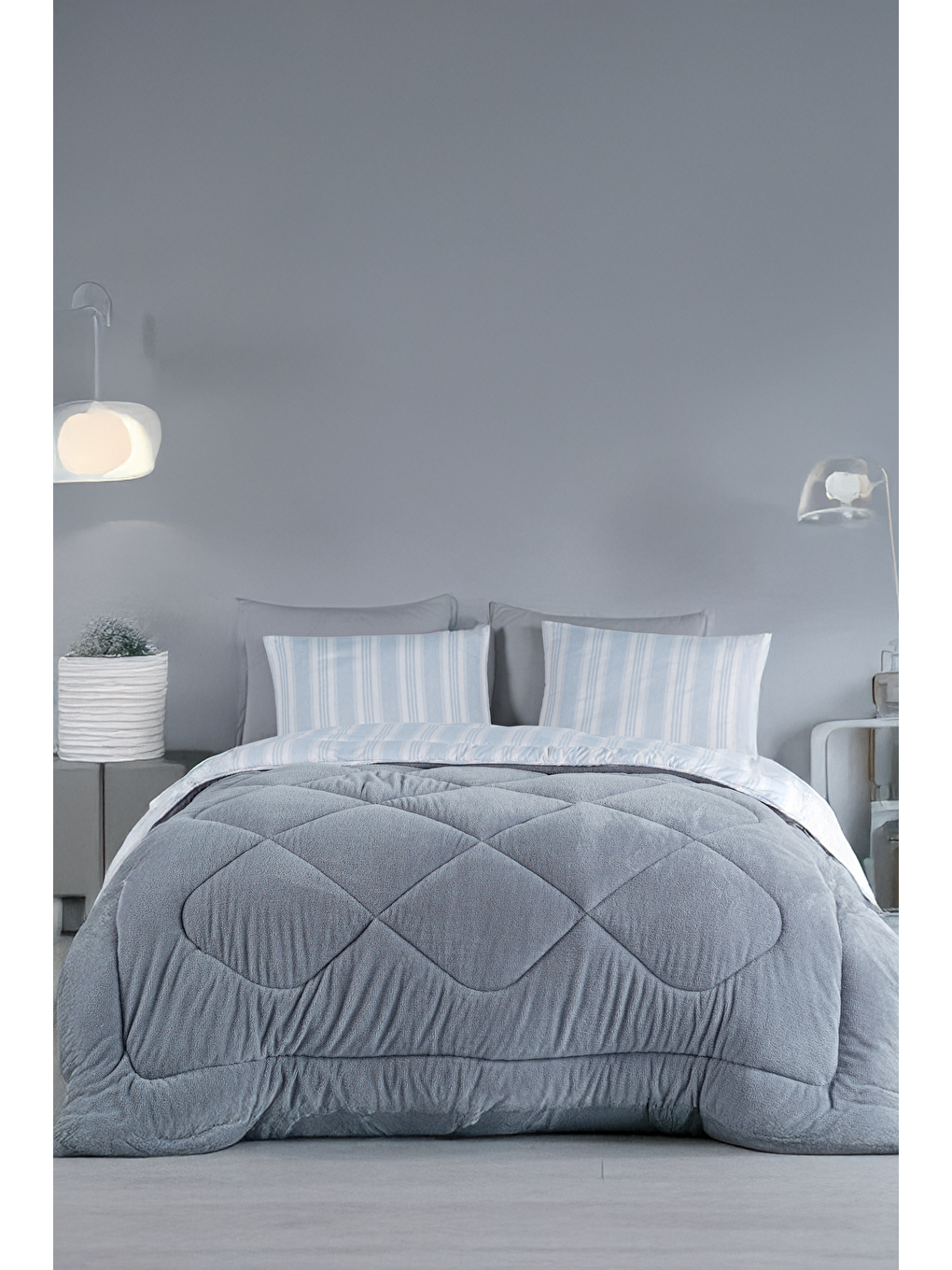 Uyku Seti Wellsoft Yorganlı Pofuduk 4 Parça Çift Kişilik Soft Line Gri