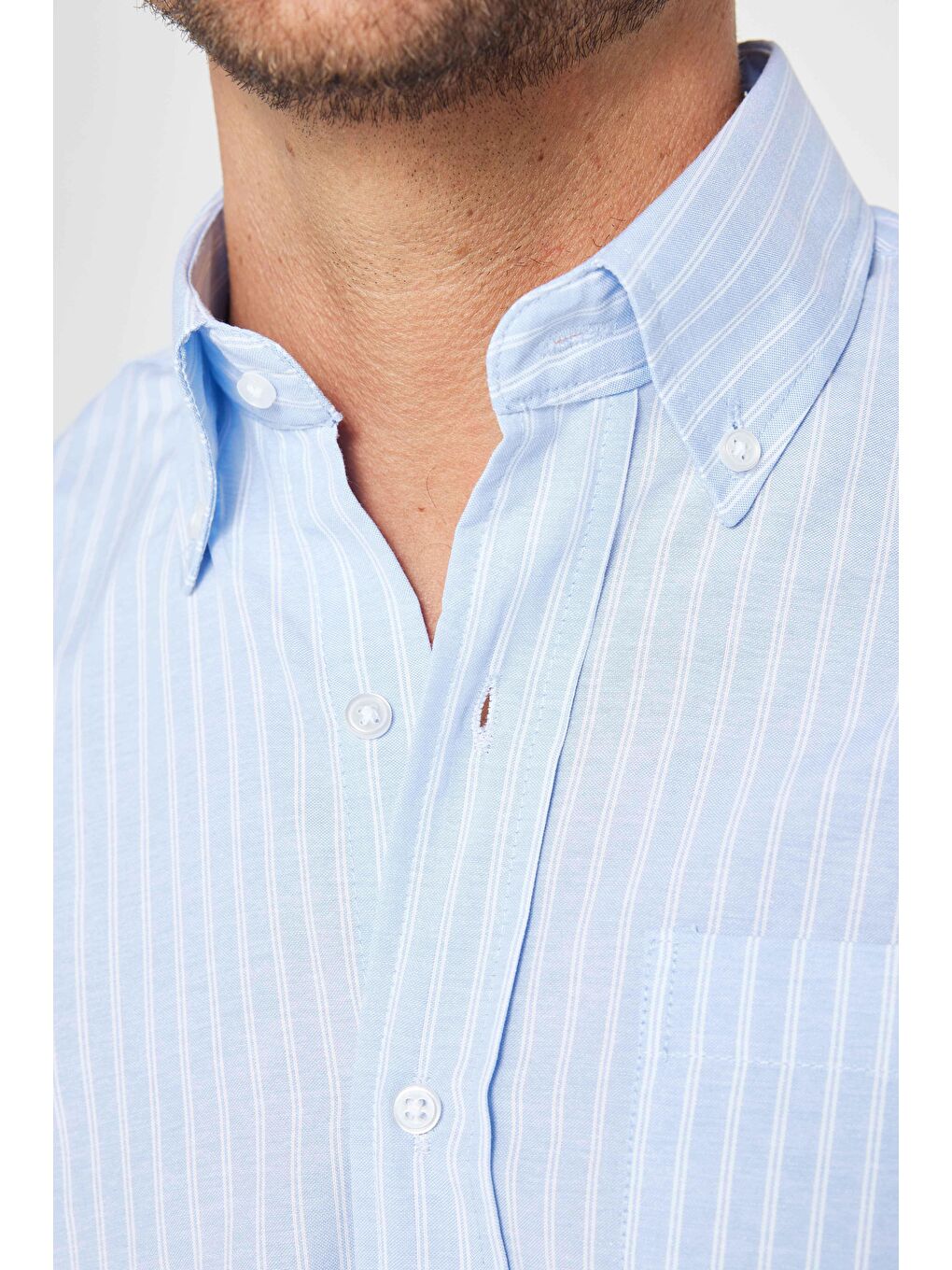 Erkek Regular Fit Klasik Kesim Pamuklu Tek Cepli Çizgili Mavi Düğmeli Yaka Gömlek-3
