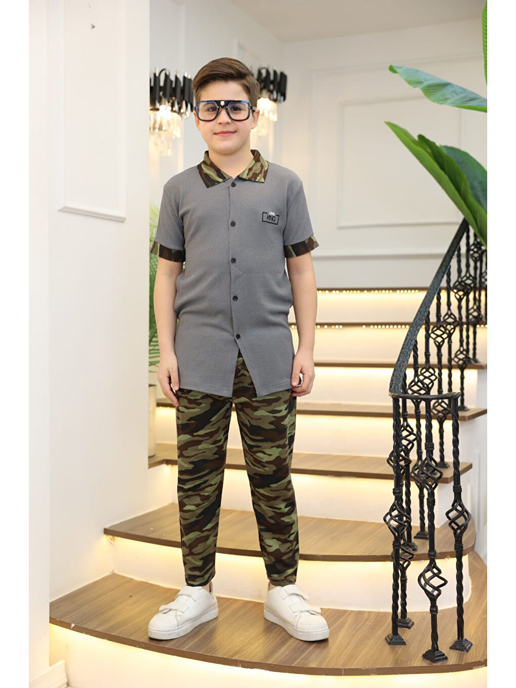 Gri Erkek Çocuk 2'li Takım (Gömlek+Pantolon) 3-12 Yaş 12196-1