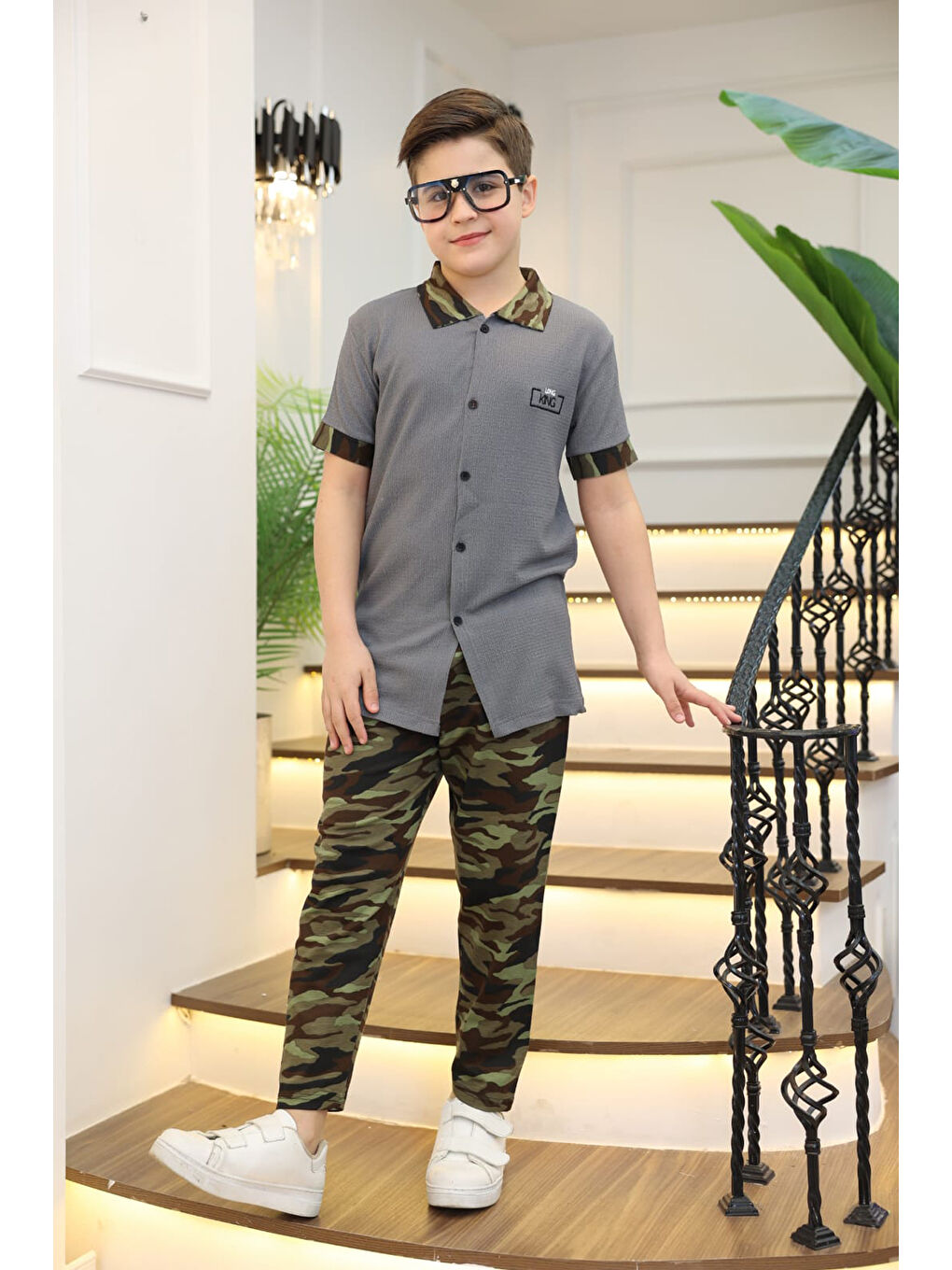 Gri Erkek Çocuk 2'li Takım (Gömlek+Pantolon) 3-12 Yaş 12196-3