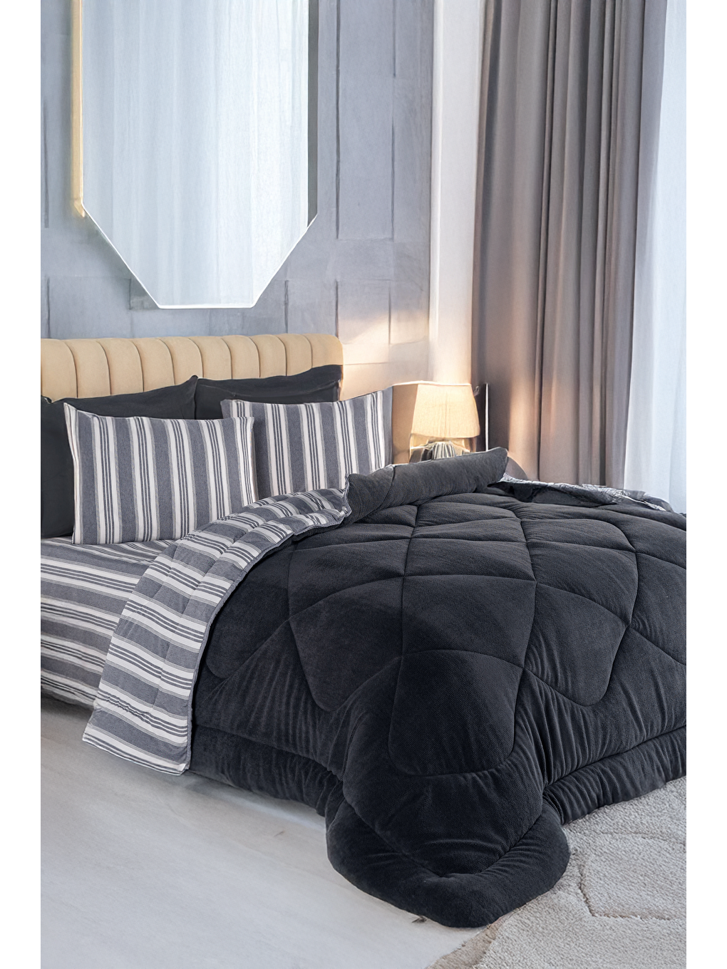 Uyku Seti Wellsoft Yorganlı Pofuduk 3 Parça Tek Kişilik Soft Line Antrasit