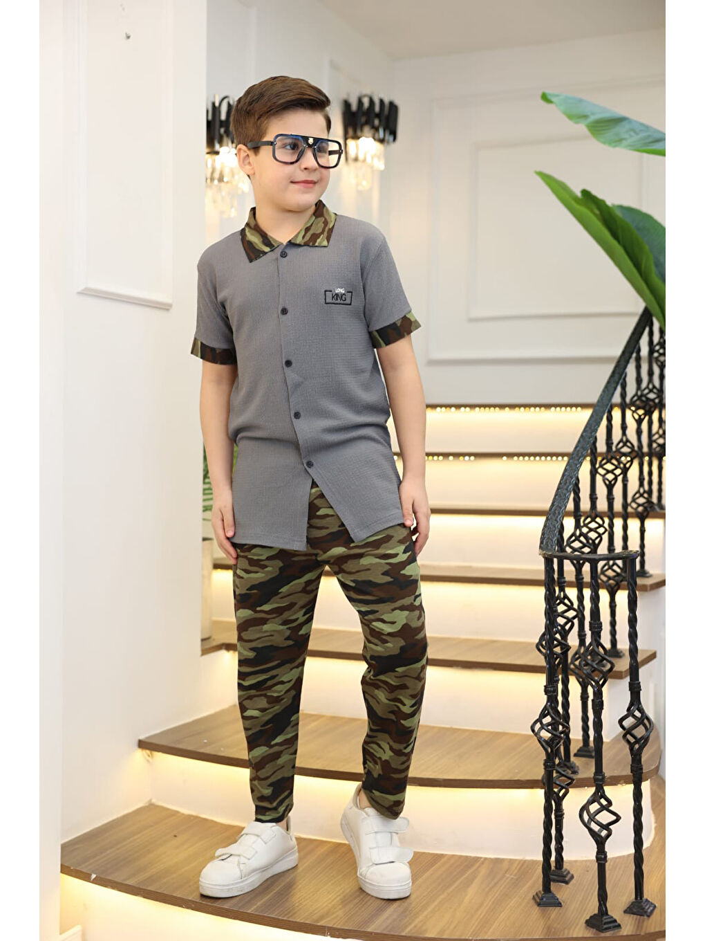 Gri Erkek Çocuk 2'li Takım (Gömlek+Pantolon) 3-12 Yaş 12196-4