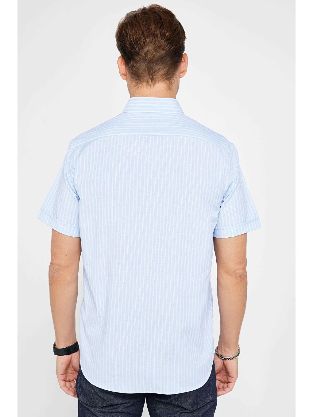 Erkek Regular Fit Klasik Kesim Pamuklu Tek Cepli Çizgili Mavi Düğmeli Yaka Gömlek-4
