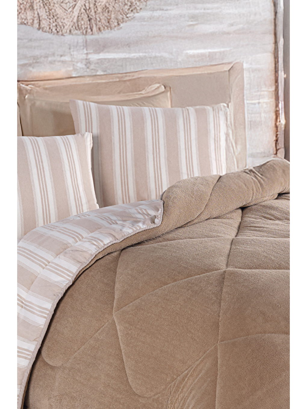 UPSTYLE Uyku Seti Wellsoft Yorganlı Pofuduk 3 Parça Tek Kişilik Soft Line Bej - 2