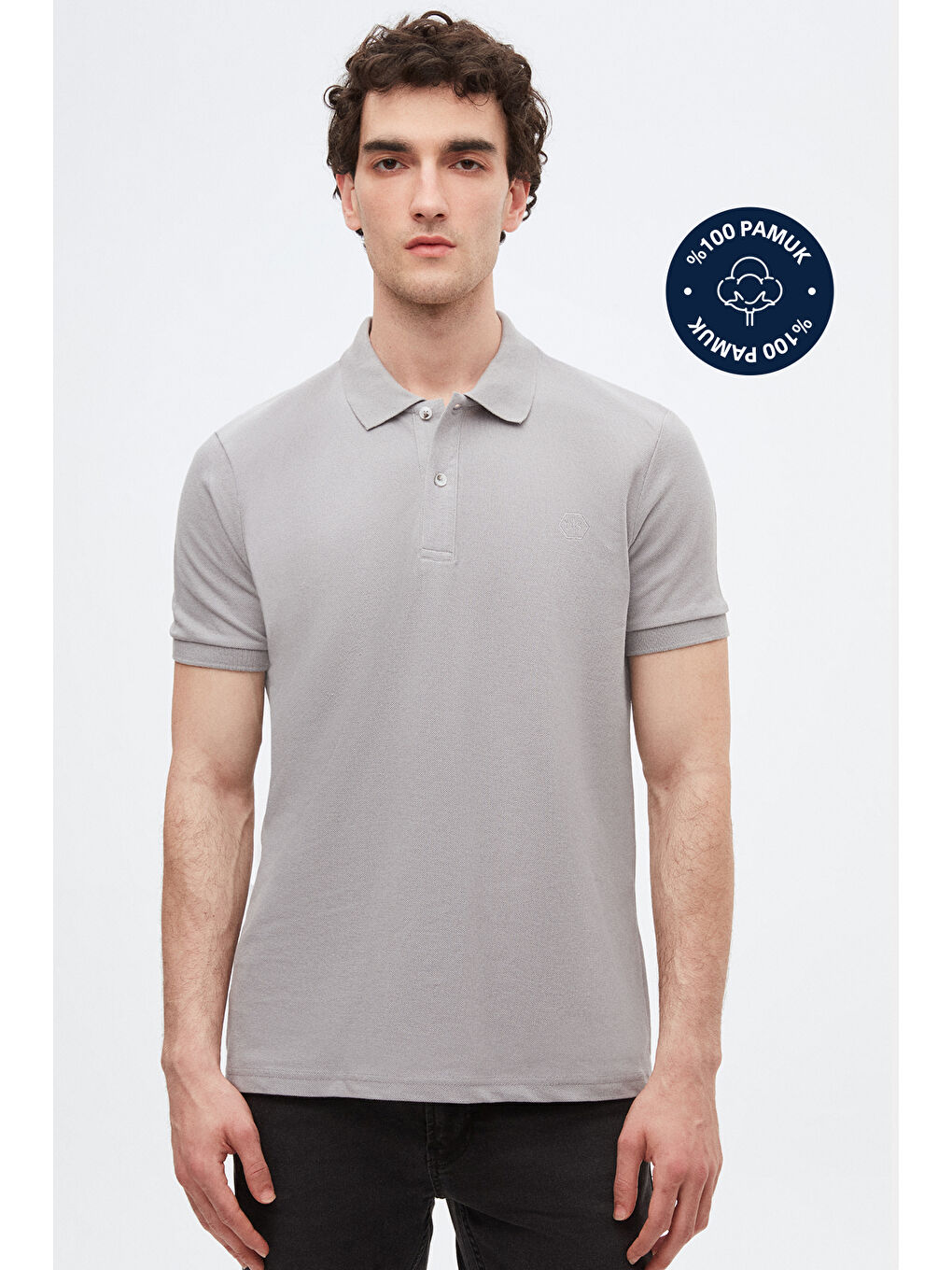 Regular Fit Gri %100 Pamuklu Uzun Ömürlü Kıvrılmaz Polo Yaka Nakışlı Tişört-1