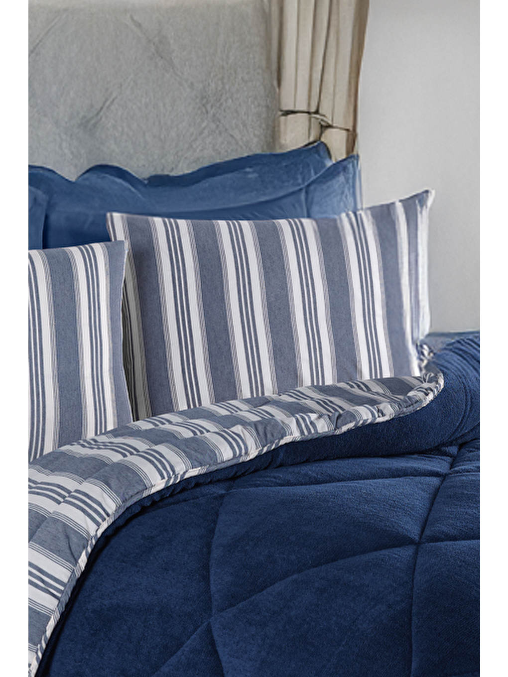 Uyku Seti Wellsoft Yorganlı Pofuduk 3 Parça Tek Kişilik Soft Line Lacivert-2