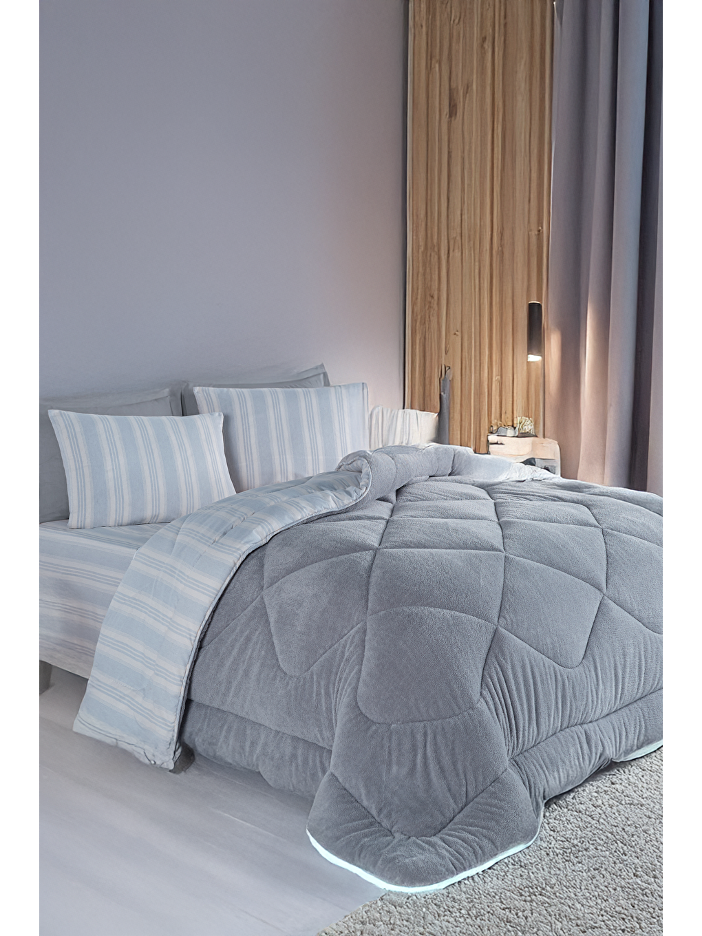 UPSTYLE Uyku Seti Wellsoft Yorganlı Pofuduk 3 Parça Tek Kişilik Soft Line Gri