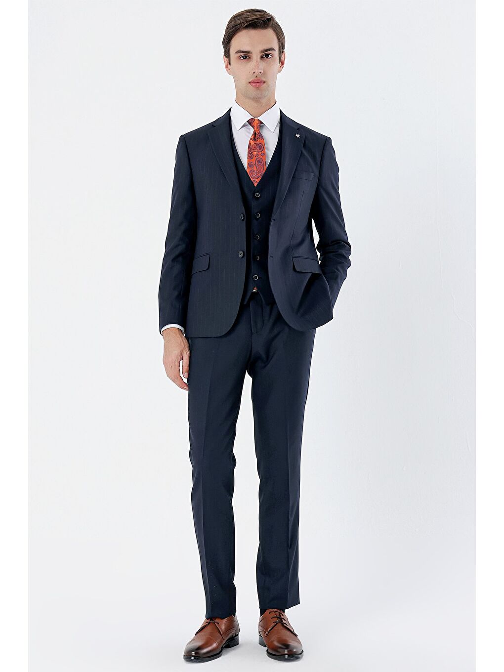 İMZA Koyu Lacivert Çizgili Mono Yaka Yelekli 6 Drop Slim Fit Dar Kesim Klasik Takım Elbise 1001235160 - 1