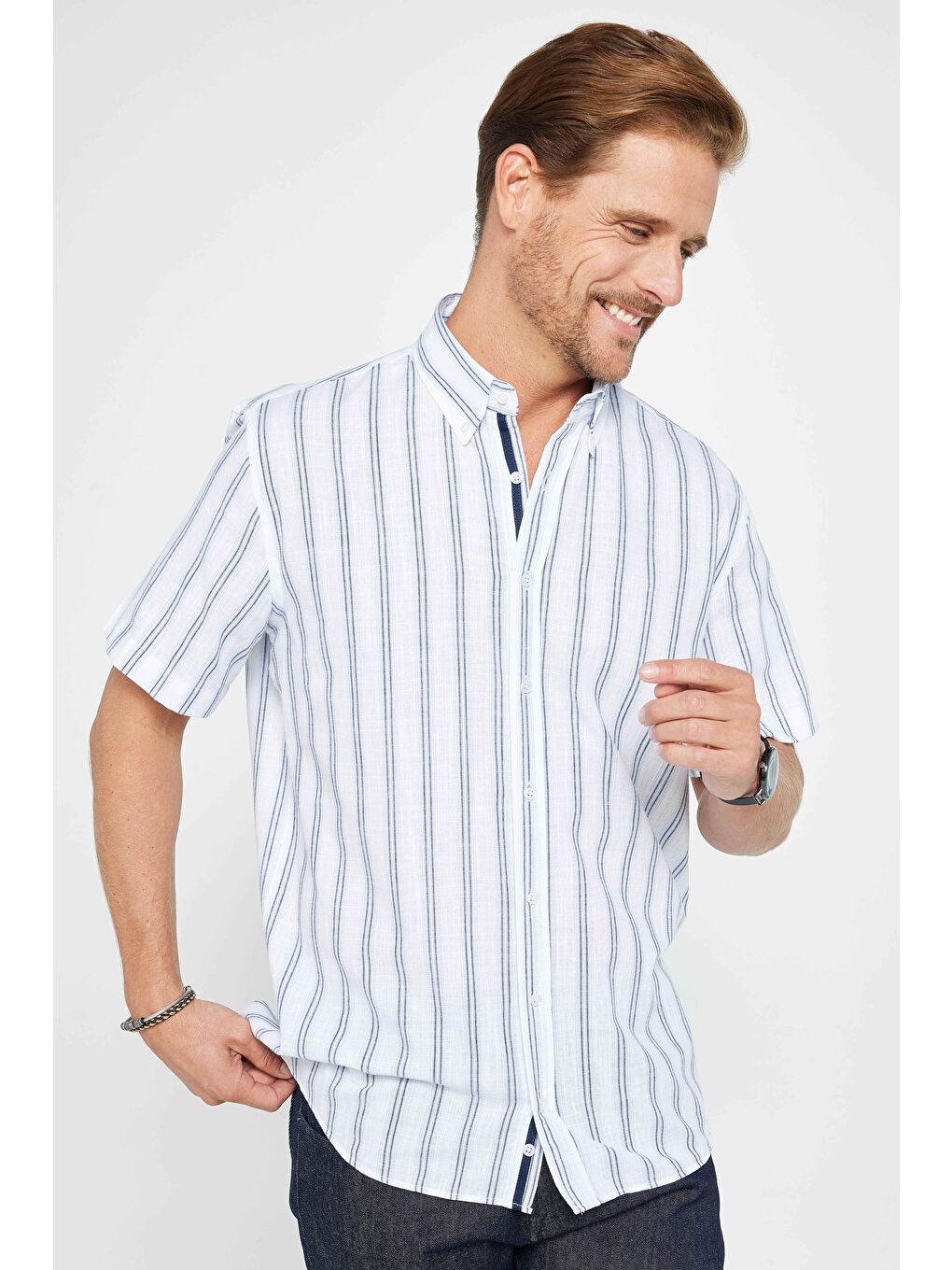 Karışık Erkek Regular Fit Klasik Kesim %100 Pamuk Keten Doku Çizgili Düğmeli Yaka Gömlek