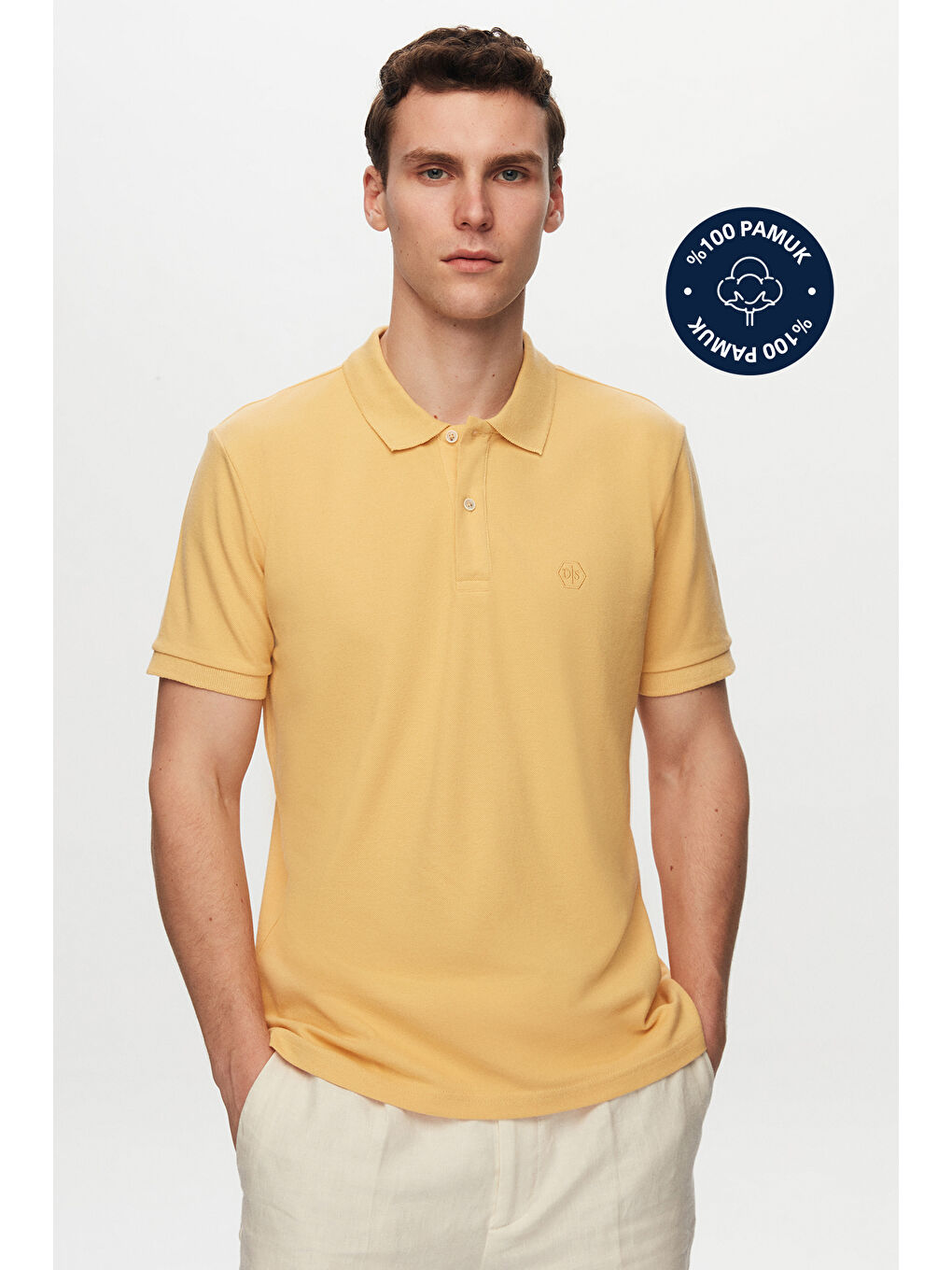 Regular Fit Açık Sarı %100 Pamuklu Uzun Ömürlü Kıvrılmaz Polo Yaka Nakışlı Tişört-1