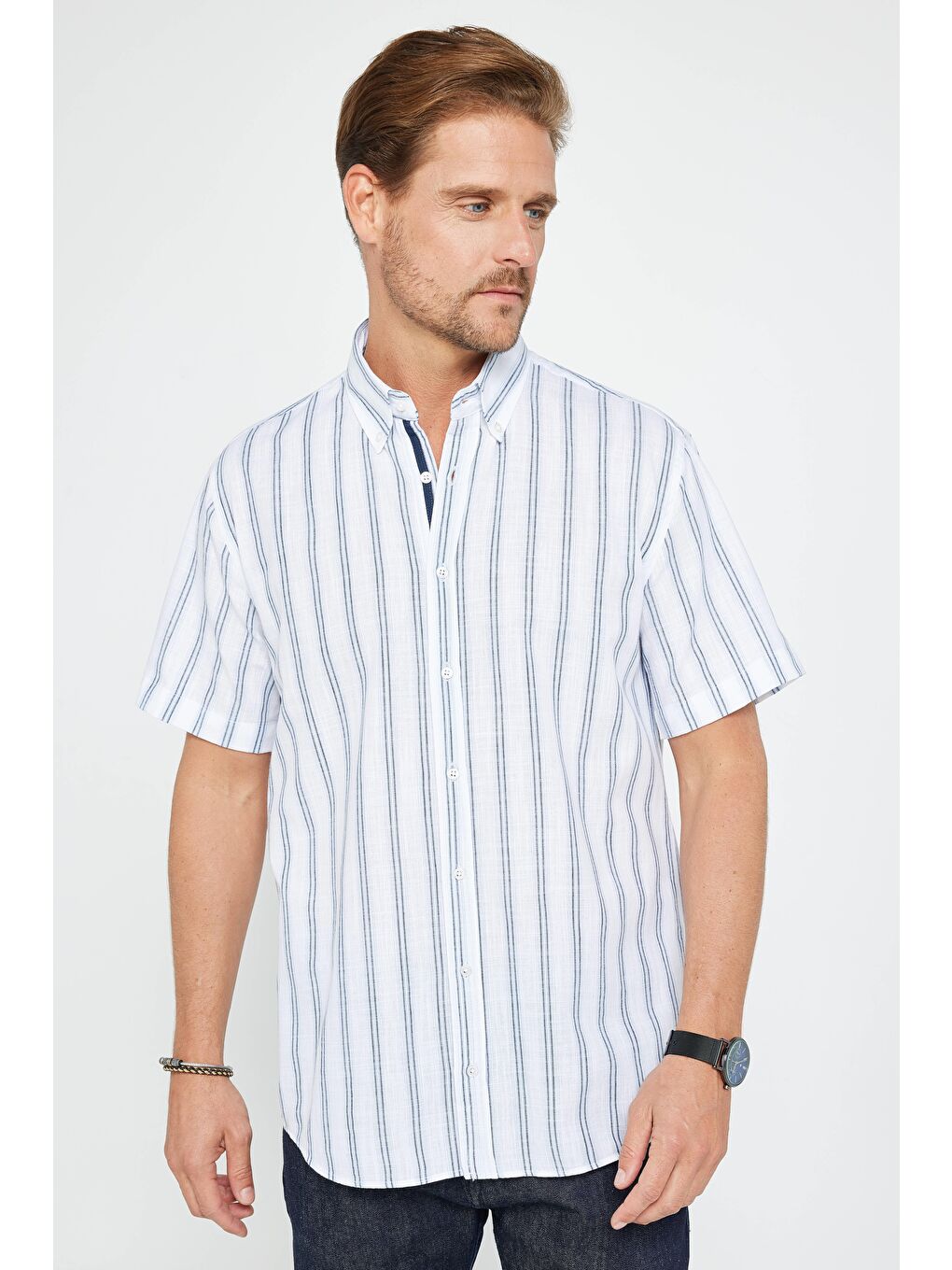 Karışık Erkek Regular Fit Klasik Kesim %100 Pamuk Keten Doku Çizgili Düğmeli Yaka Gömlek-1