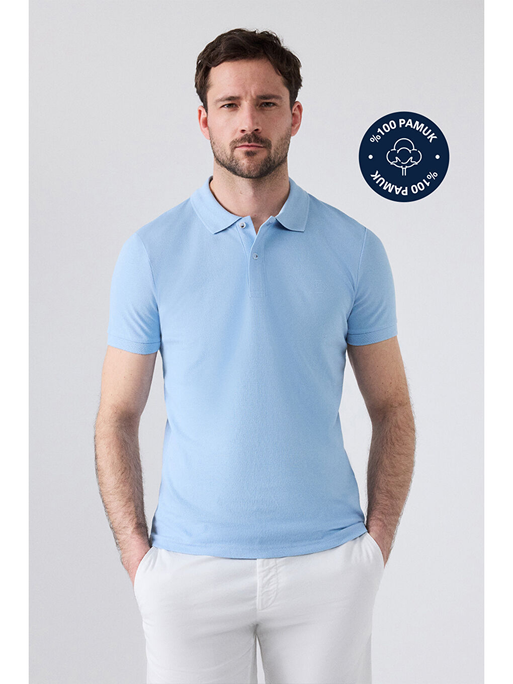 Regular Fit Açık Mavi %100 Pamuklu Uzun Ömürlü Kıvrılmaz Polo Yaka Nakışlı Tişört-1