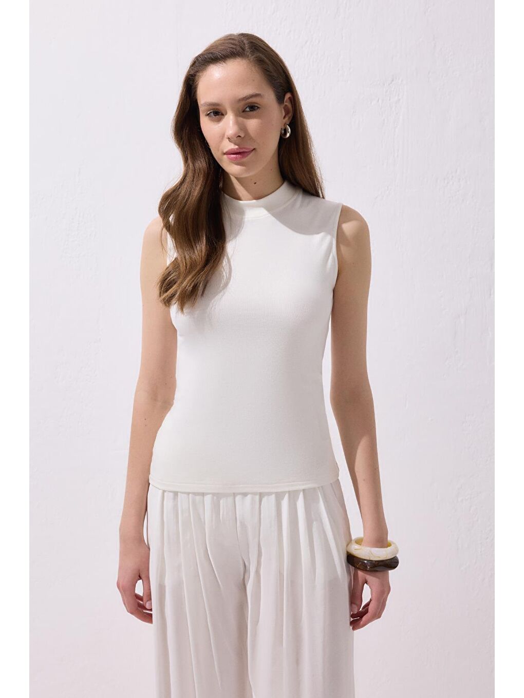 Sıfır Kol Elastanlı Pamuk Bady Ekru