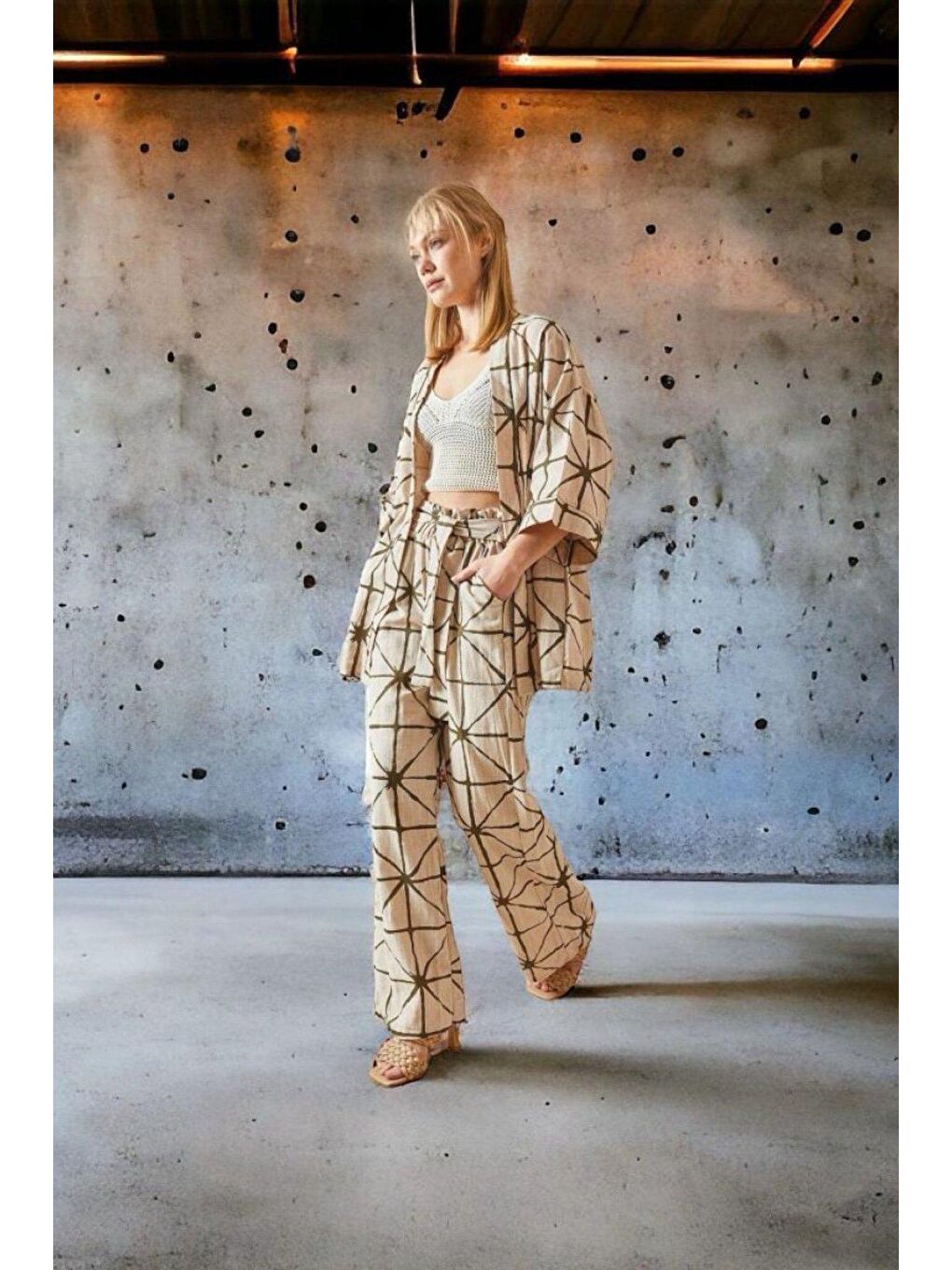 Kahverengi Kısa Kollu Kareli Desen Kimono TAKIM-2