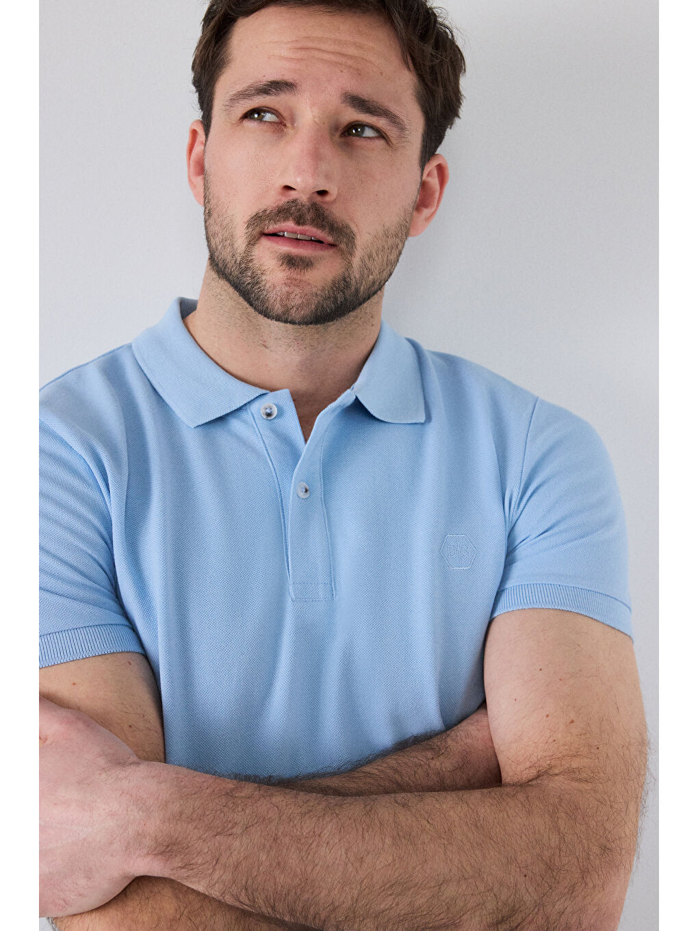 Regular Fit Açık Mavi %100 Pamuklu Uzun Ömürlü Kıvrılmaz Polo Yaka Nakışlı Tişört-5