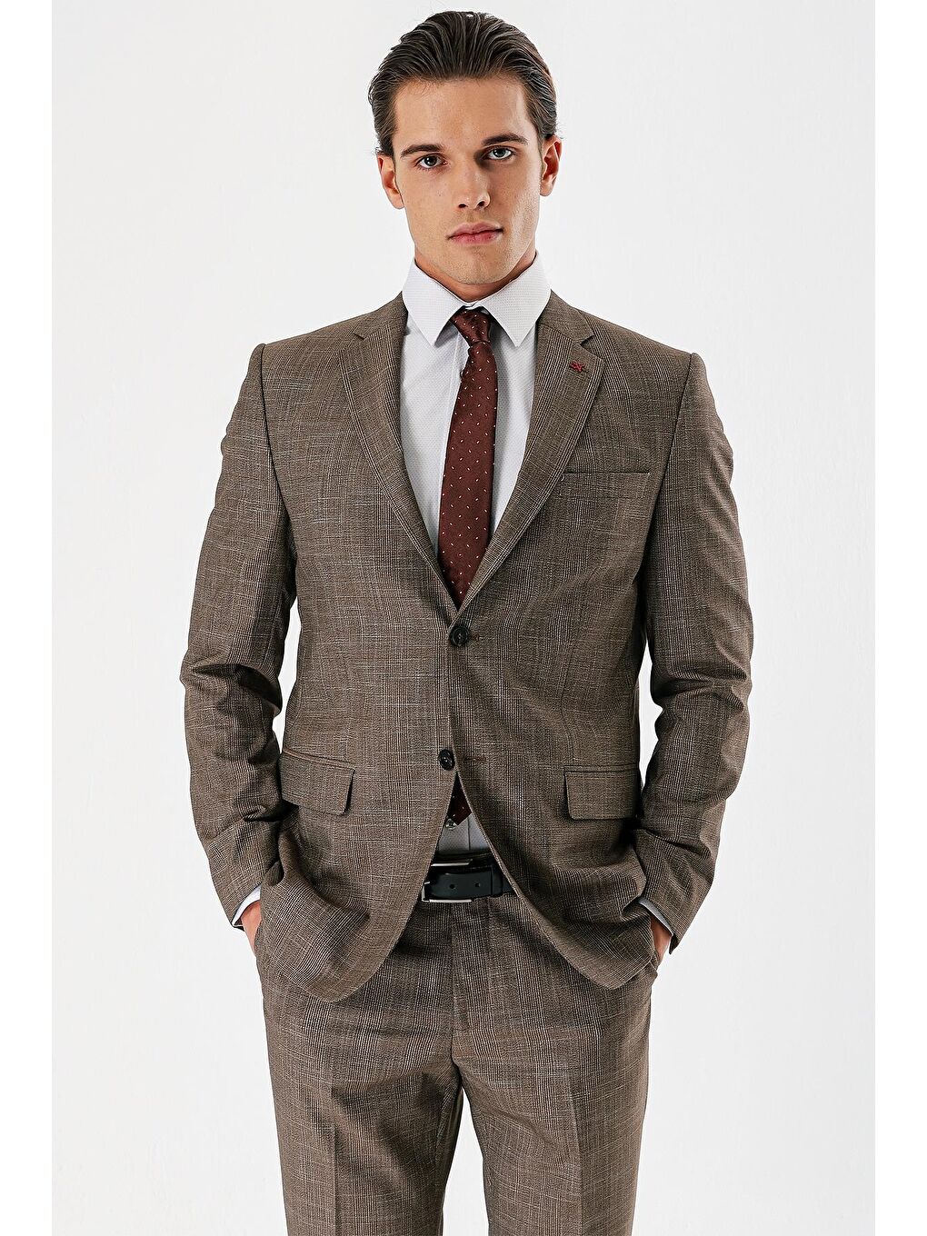 Kahverengi Taba Ekoseli Mono Yaka Elastanlı 6 Drop Comfort Fit Rahat Kesim Klasik Takım Elbise 1001240165