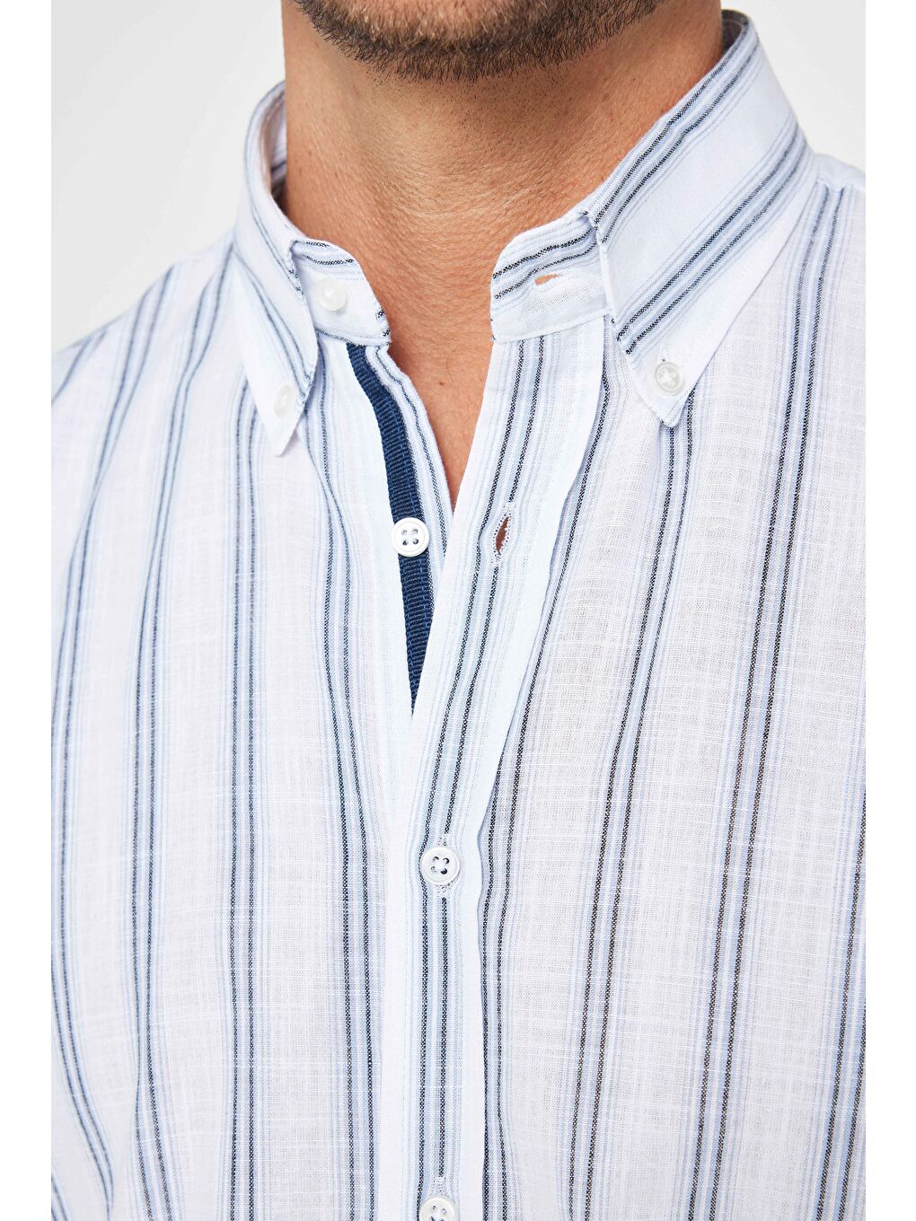 Karışık Erkek Regular Fit Klasik Kesim %100 Pamuk Keten Doku Çizgili Düğmeli Yaka Gömlek-2