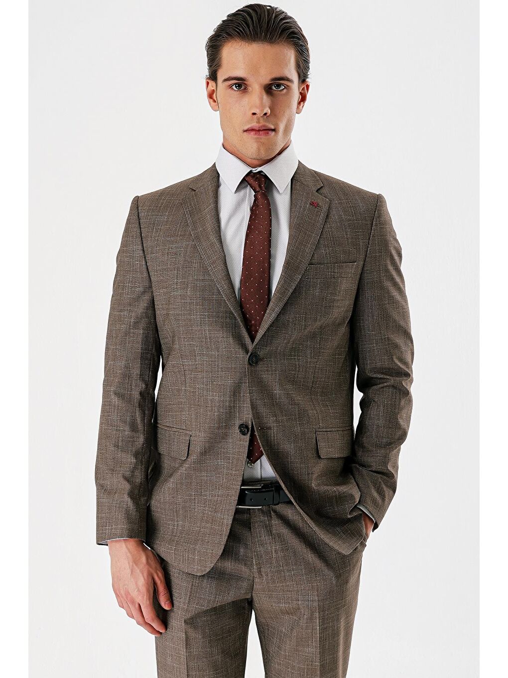 Kahverengi Taba Ekoseli Mono Yaka Elastanlı 6 Drop Comfort Fit Rahat Kesim Klasik Takım Elbise 1001240165-2