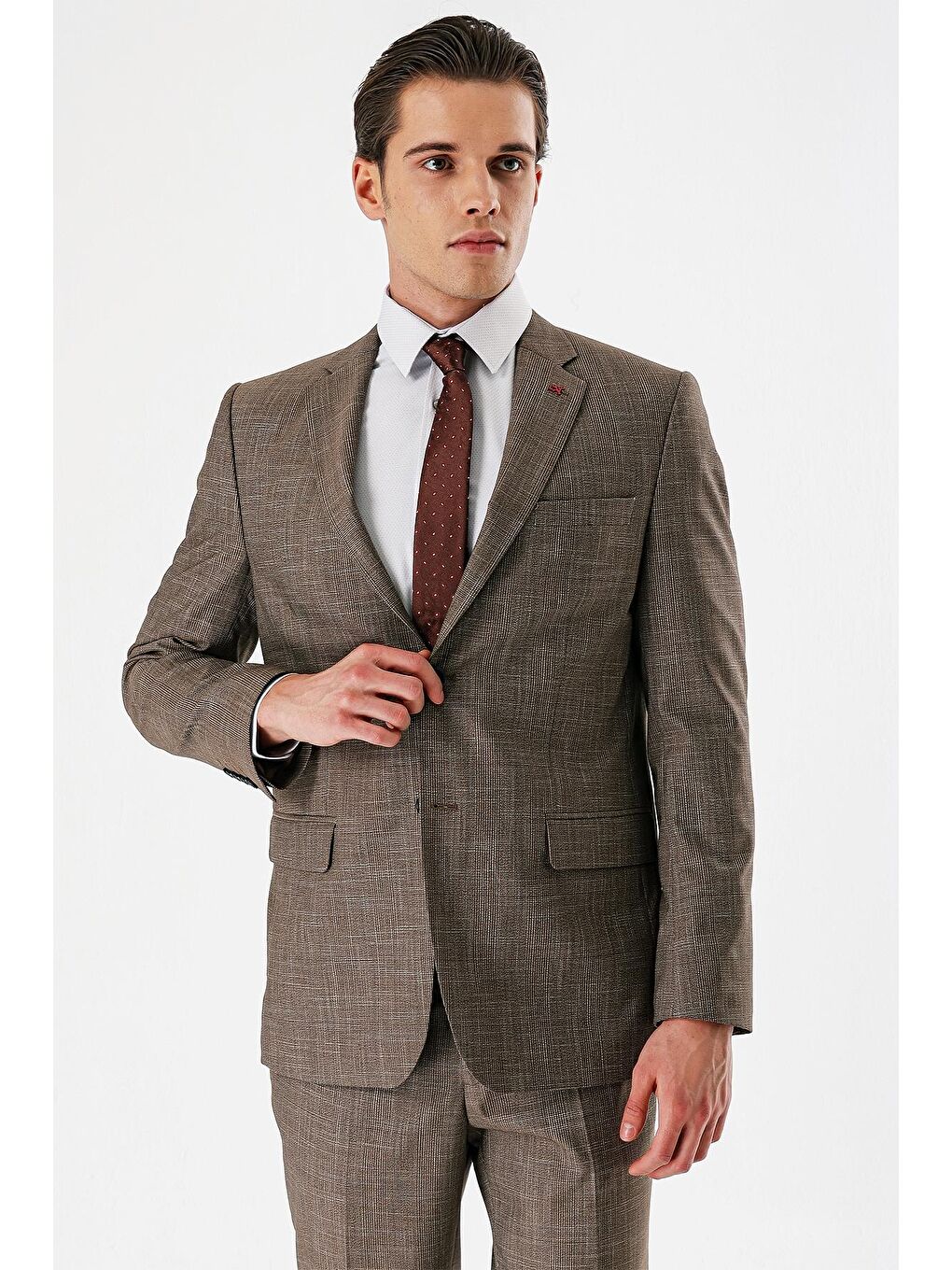 Kahverengi Taba Ekoseli Mono Yaka Elastanlı 6 Drop Comfort Fit Rahat Kesim Klasik Takım Elbise 1001240165-4