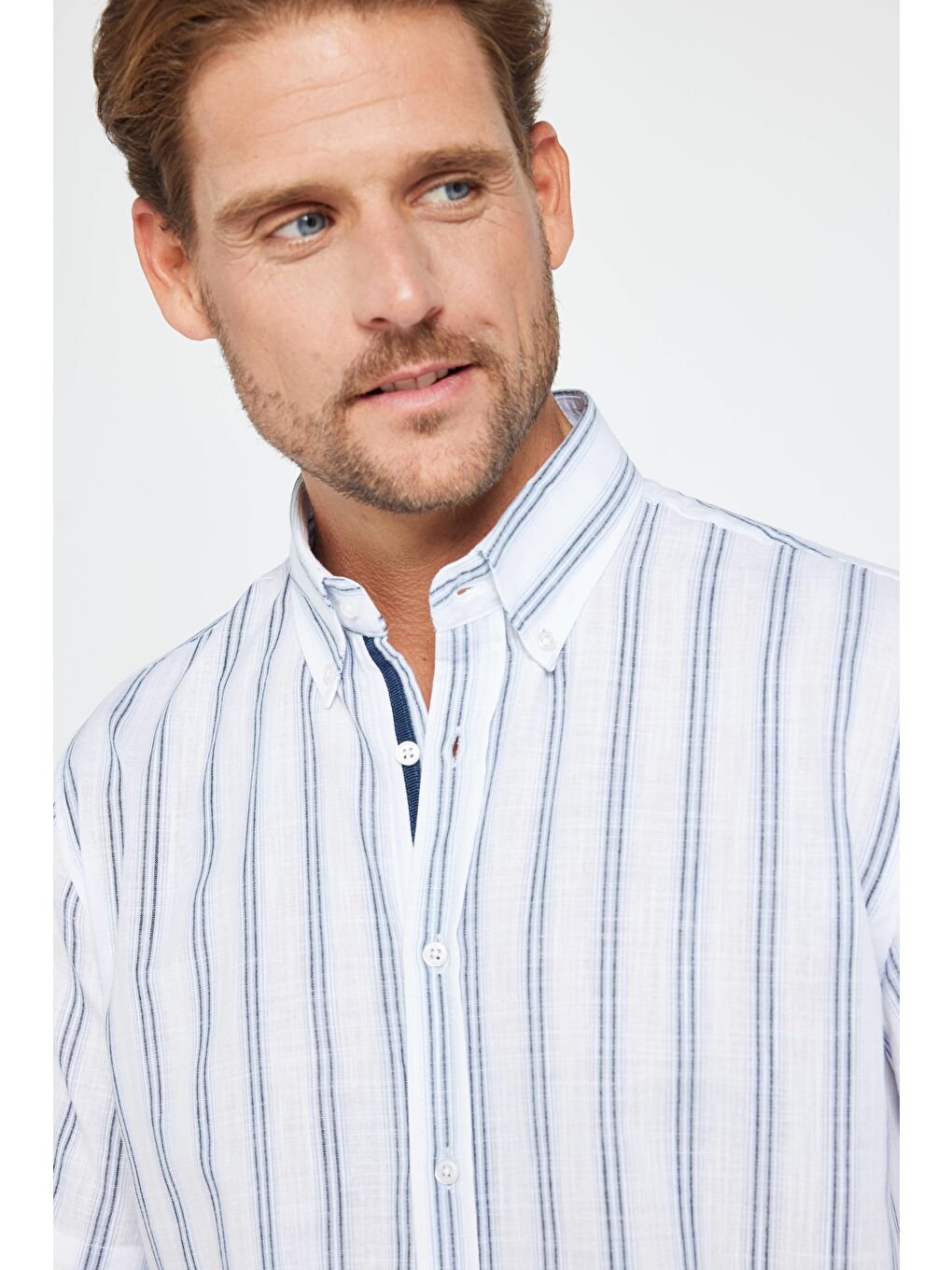 Karışık Erkek Regular Fit Klasik Kesim %100 Pamuk Keten Doku Çizgili Düğmeli Yaka Gömlek-3