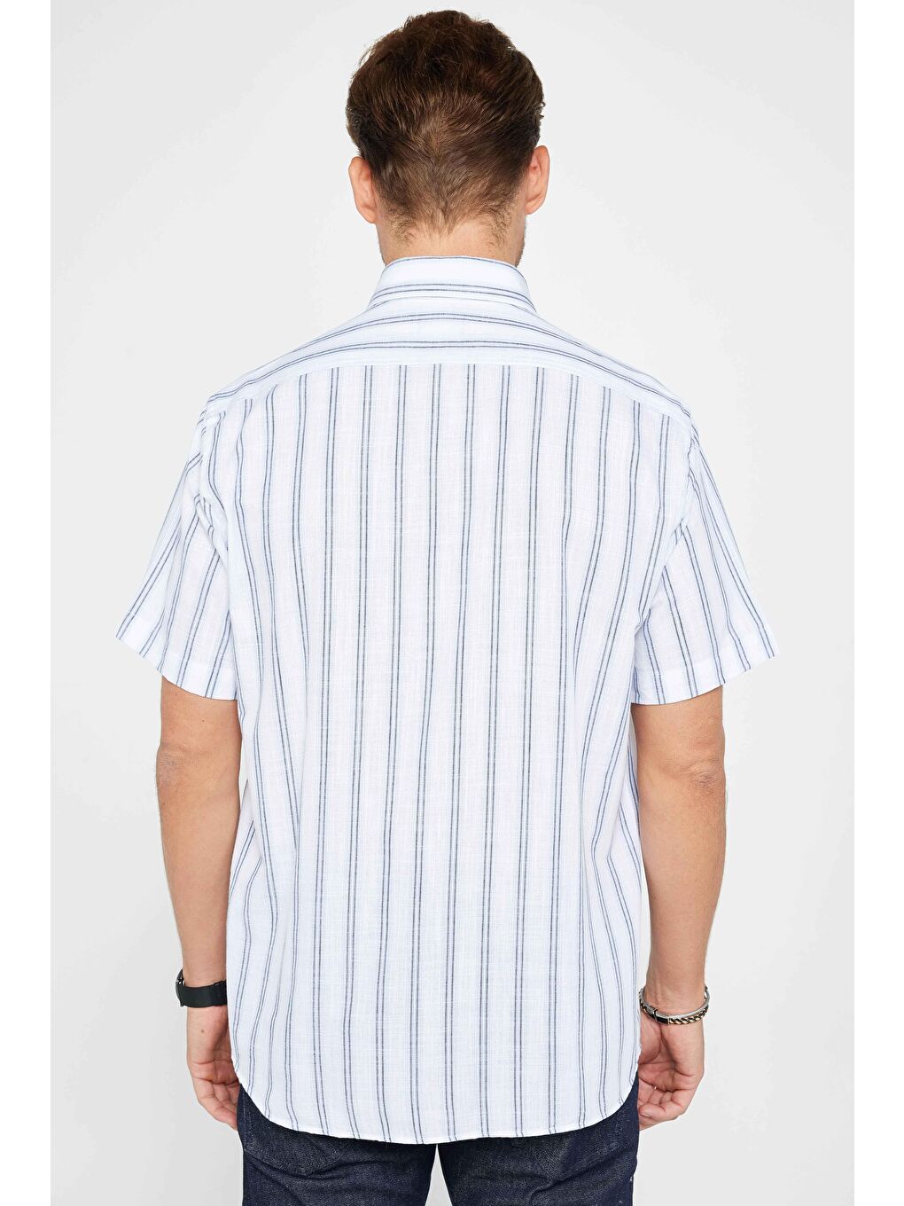 Karışık Erkek Regular Fit Klasik Kesim %100 Pamuk Keten Doku Çizgili Düğmeli Yaka Gömlek-4