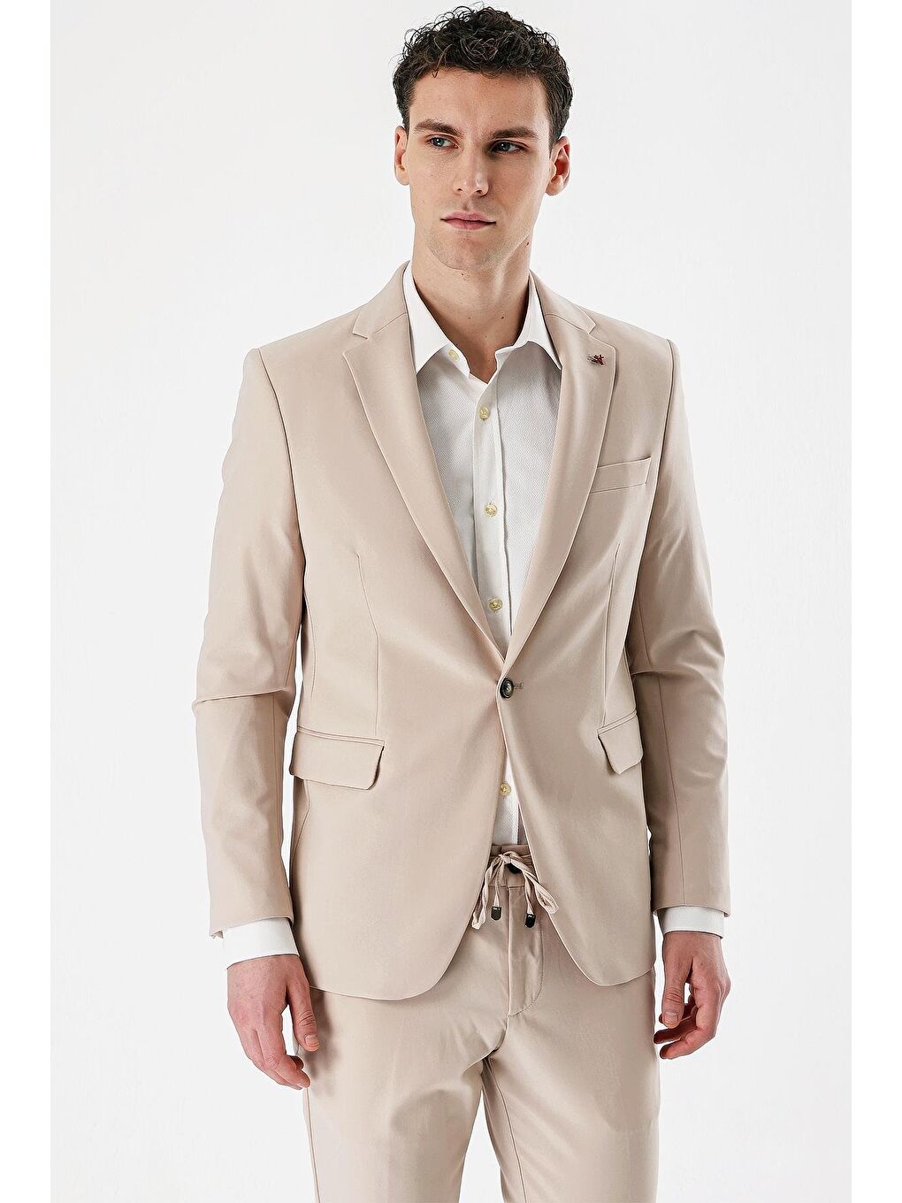 Açık Bej Mono Yaka Çift Yırtmaç Elastanlı 6 Drop Slim Fit Dar Kesim Klasik Takım Elbise 1001240164