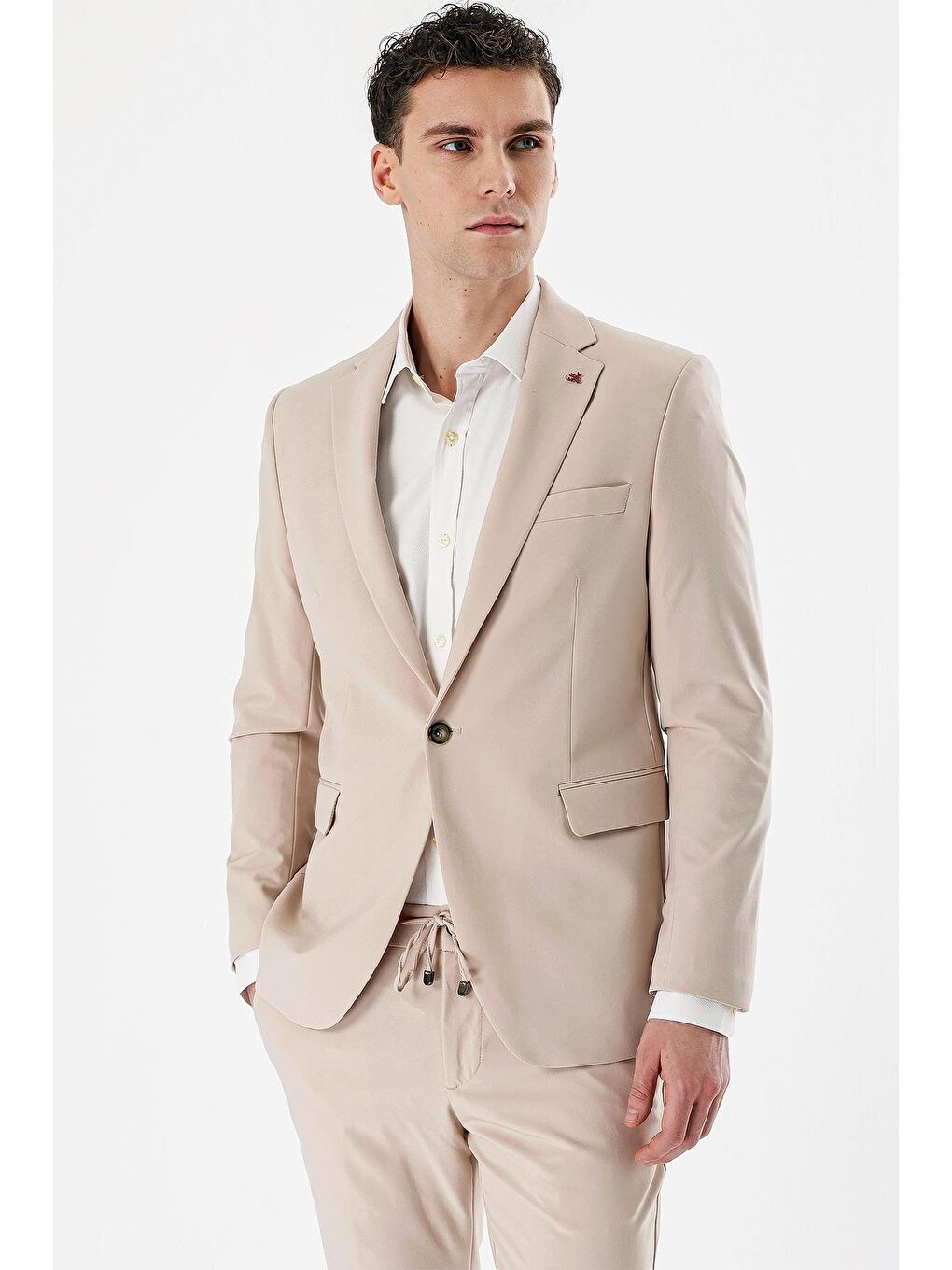 Açık Bej Mono Yaka Çift Yırtmaç Elastanlı 6 Drop Slim Fit Dar Kesim Klasik Takım Elbise 1001240164-2