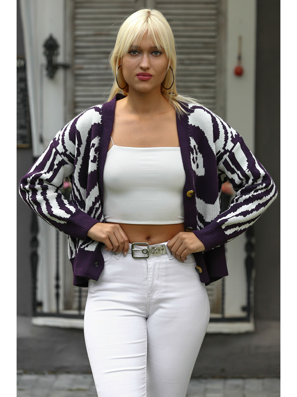 Kadın Koyu Mor Uzun Kol Düğmeli Midi Oversize Akrilik Triko Hırka