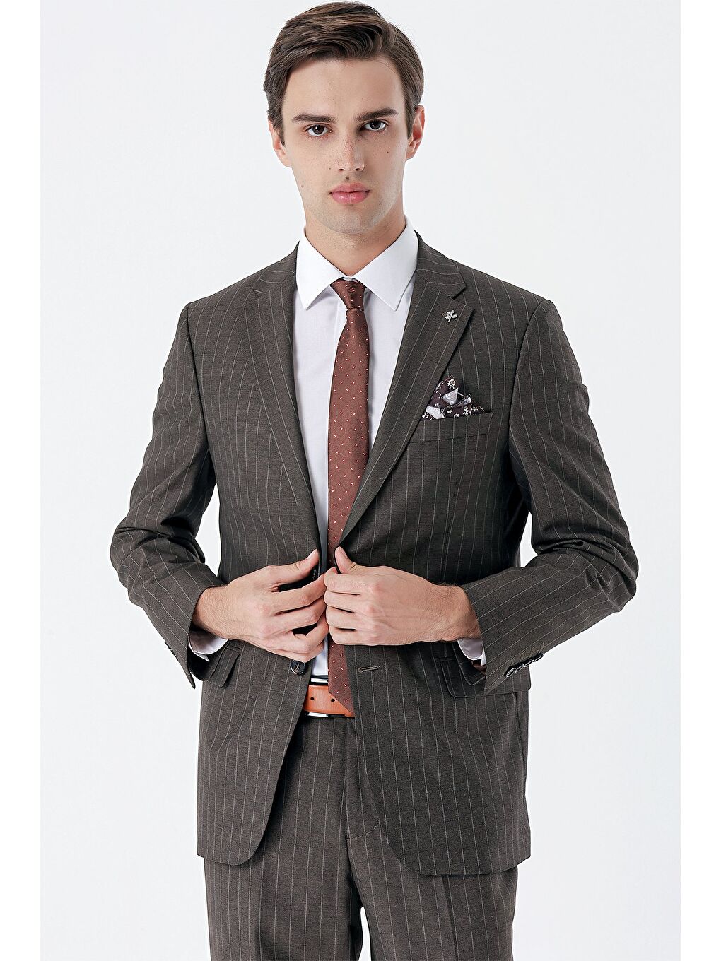 Koyu Kahverengi Çizgili Mono Yaka 6 Drop Comfort Fit Rahat Kesim Klasik Takım Elbise 1001235158