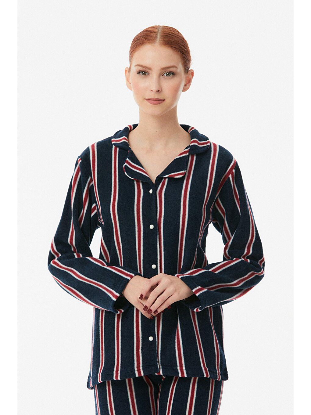 Lacivert Çizgili Düğmeli Polar Pijama Takımı-1