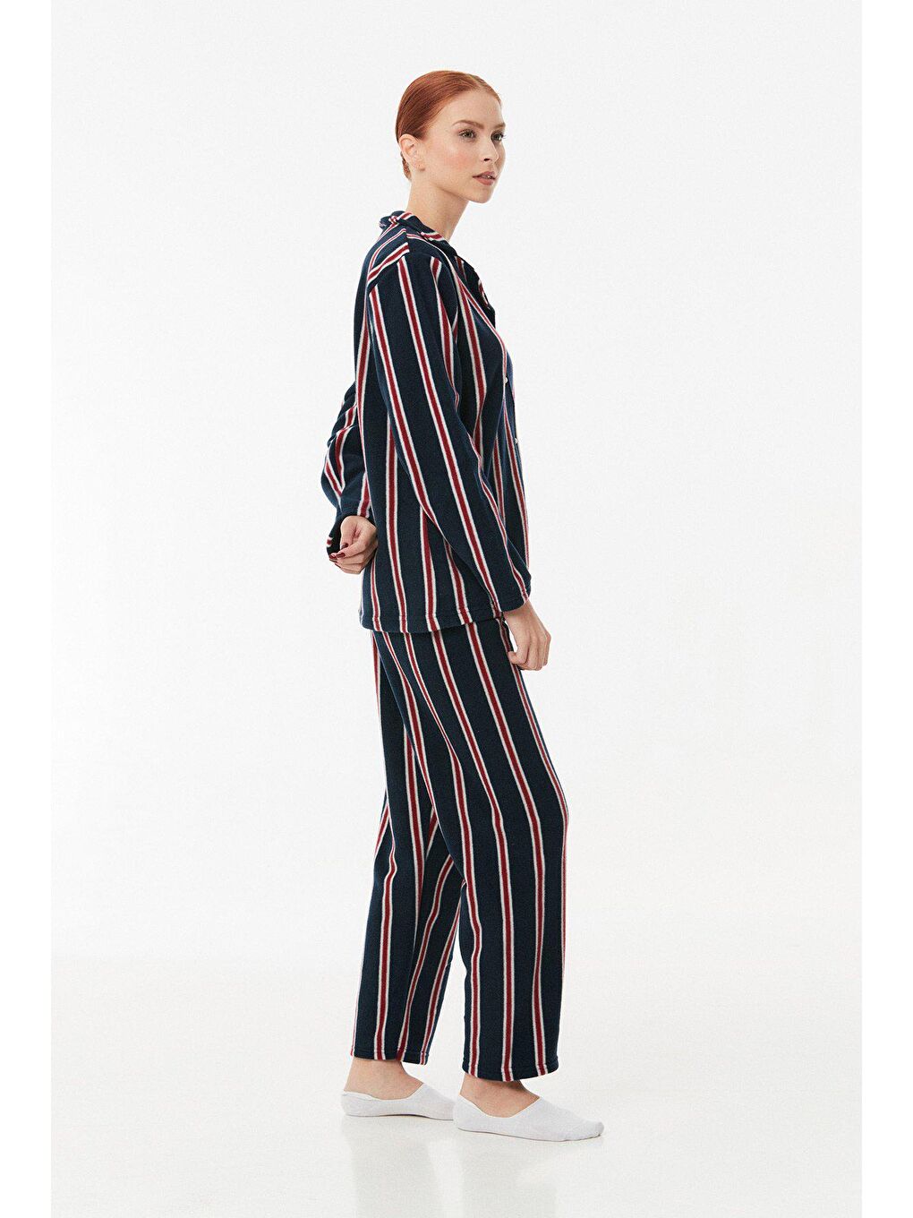 Lacivert Çizgili Düğmeli Polar Pijama Takımı-2